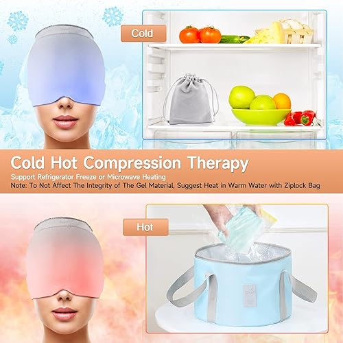 Miniatura 6 de Sombrero para aliviar el dolor de cabeza, envoltura de cabeza de hielo para migrañas, bolsas de hielo para lesiones, gorra reutilizable para alivio
