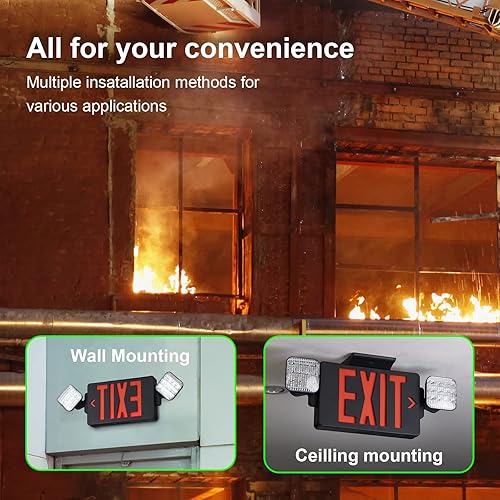 Vista 13 de TANLUX Señal de salida roja con luces de emergencia, luz LED de salida de emergencia con batería de respaldo, certificación UL, CA 120/277V, combo