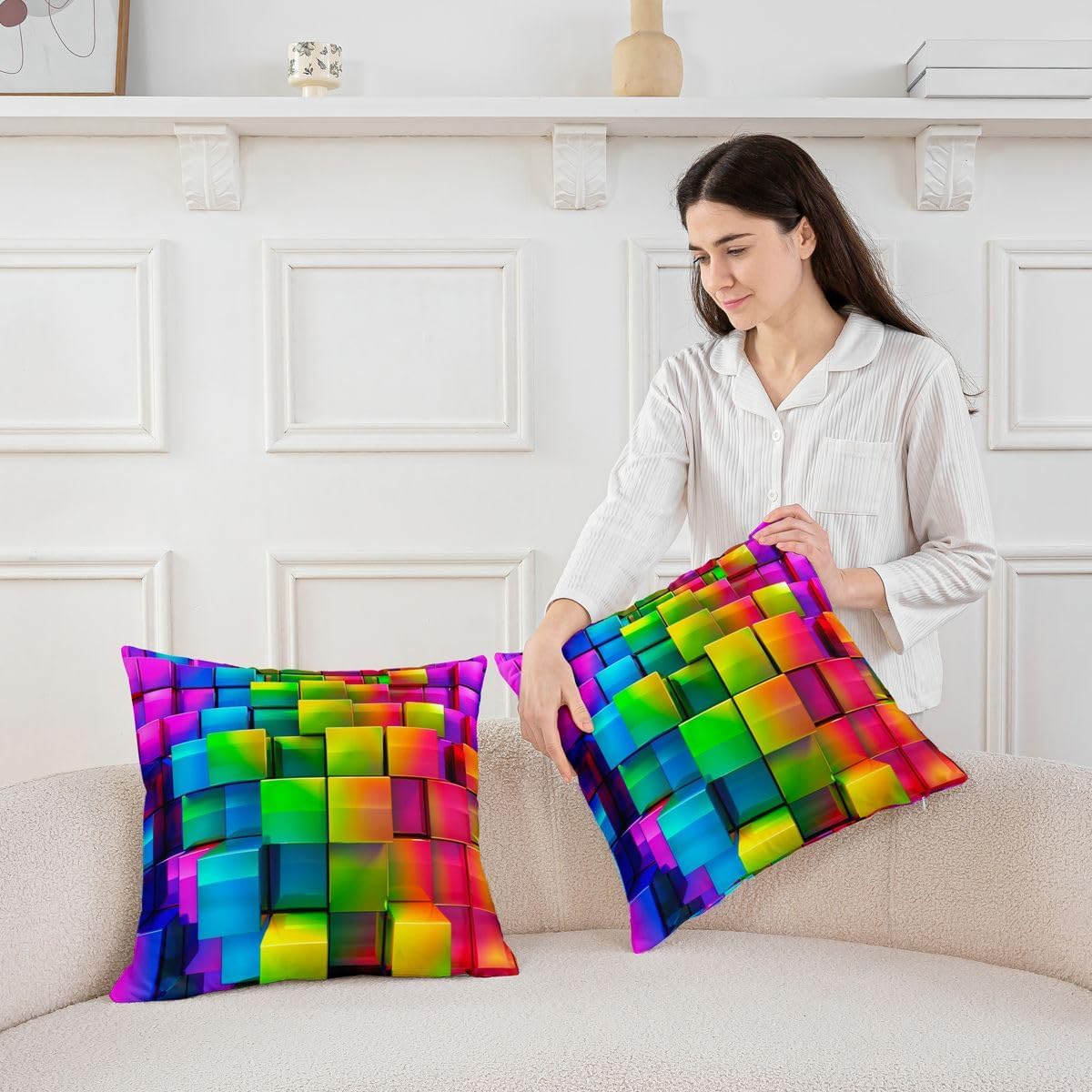 Manfei Pixelated Miners Blocks Kids Throw Pillow Cover,Patchwork Square Video Games Double Sides Pillow Case,Geometric Patchwork Grid Home Decor,Colorful Bed Couch Sofa Cushion Cover,1 Pack 16"x16" image 5