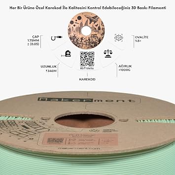 PLA Maker (Buzul Yeşili), 1.75mm 1kg 3D Yazıcı PLA Filamenti | Pantone 573 U, tutarlı renk ve karekodla doğrulanan çap garantisi
