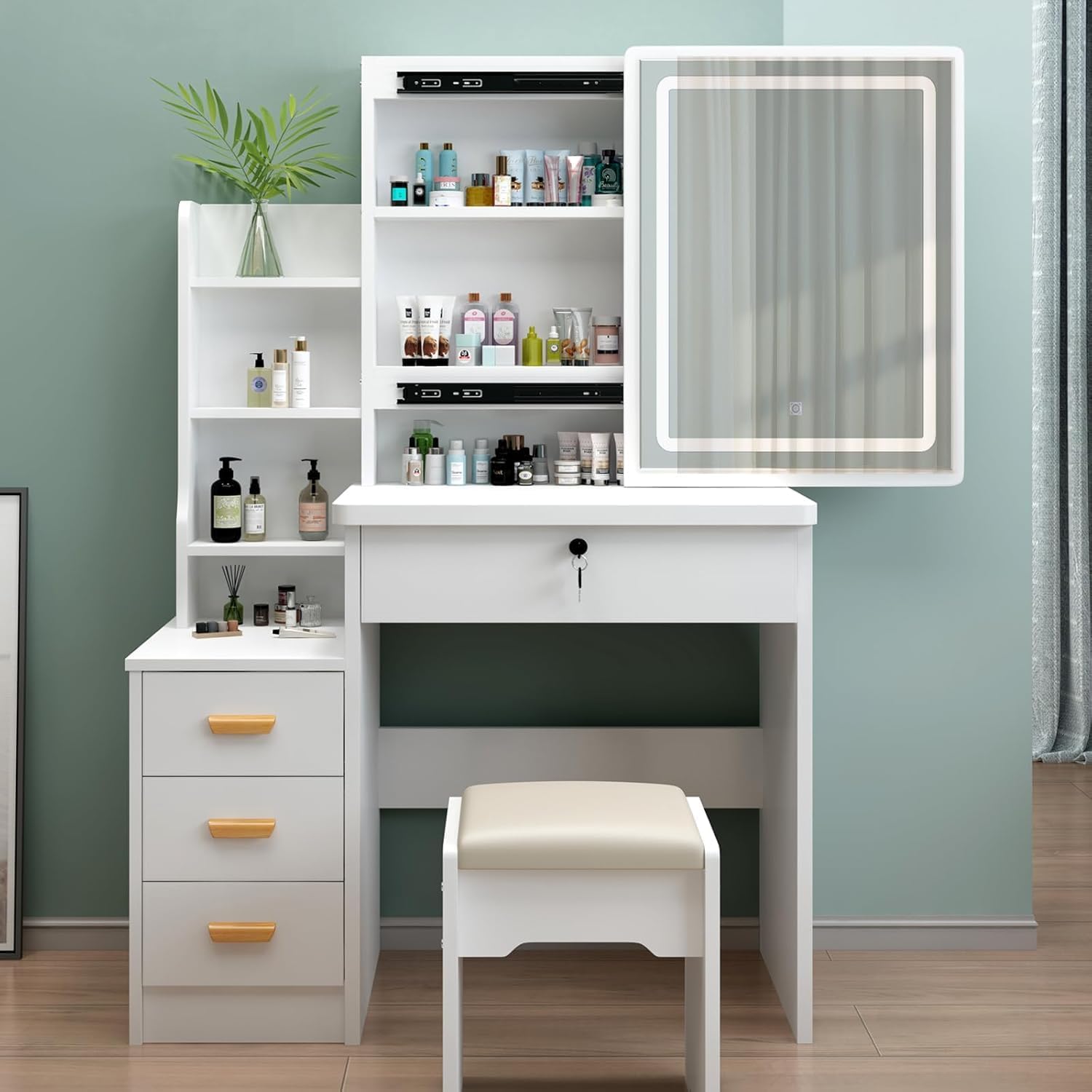 Vanity Desk with Lights,Makeup Vanity with Mirror,Dressing Table with 4 Large Drawers,6 Storage Shelves,Stool,Vanity Mirror 3 Lighting Color Adjustable,Makeup Vanity Table for Bedroom Dressing Room W