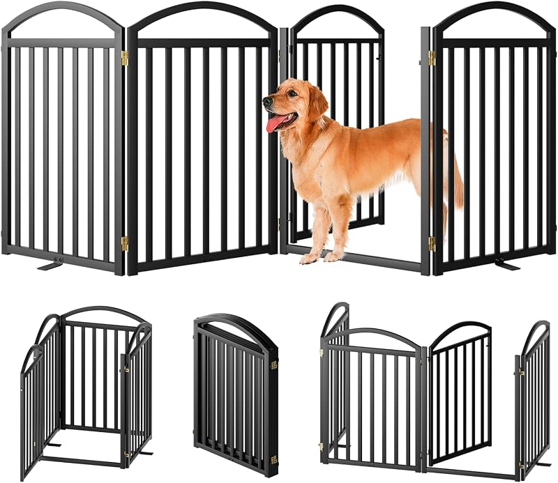 SNUOWU Puertas para perros independientes de 4 paneles Full Matel con puerta, puerta independiente para mascotas para perros de 96 "extra ancha y 32" de alto para interiores y exteriores. Cercas plegables para mascotas para puertas, casas, escaleras, porches, terrazas y patios