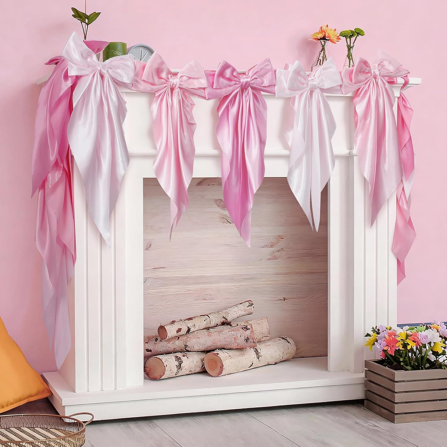 Pink Bow Garland Banner for Fireplace Mantel Decor Satin Ribbon Bow Knot Hanging Garland Banner for Bachelorette Bridal Shower Birthday Wedding Party Supplies Favors (3 Pink)