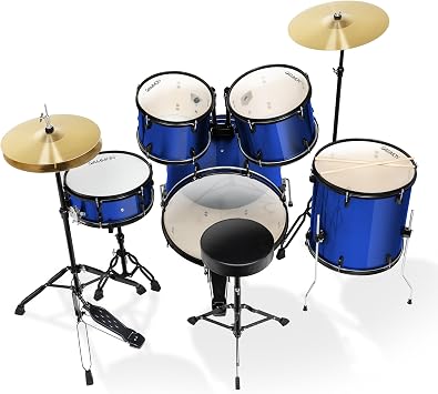 Drum Set Full Size Adult 5-piece Complete Metallic Blue with Cymbals Stands Stool Sticks