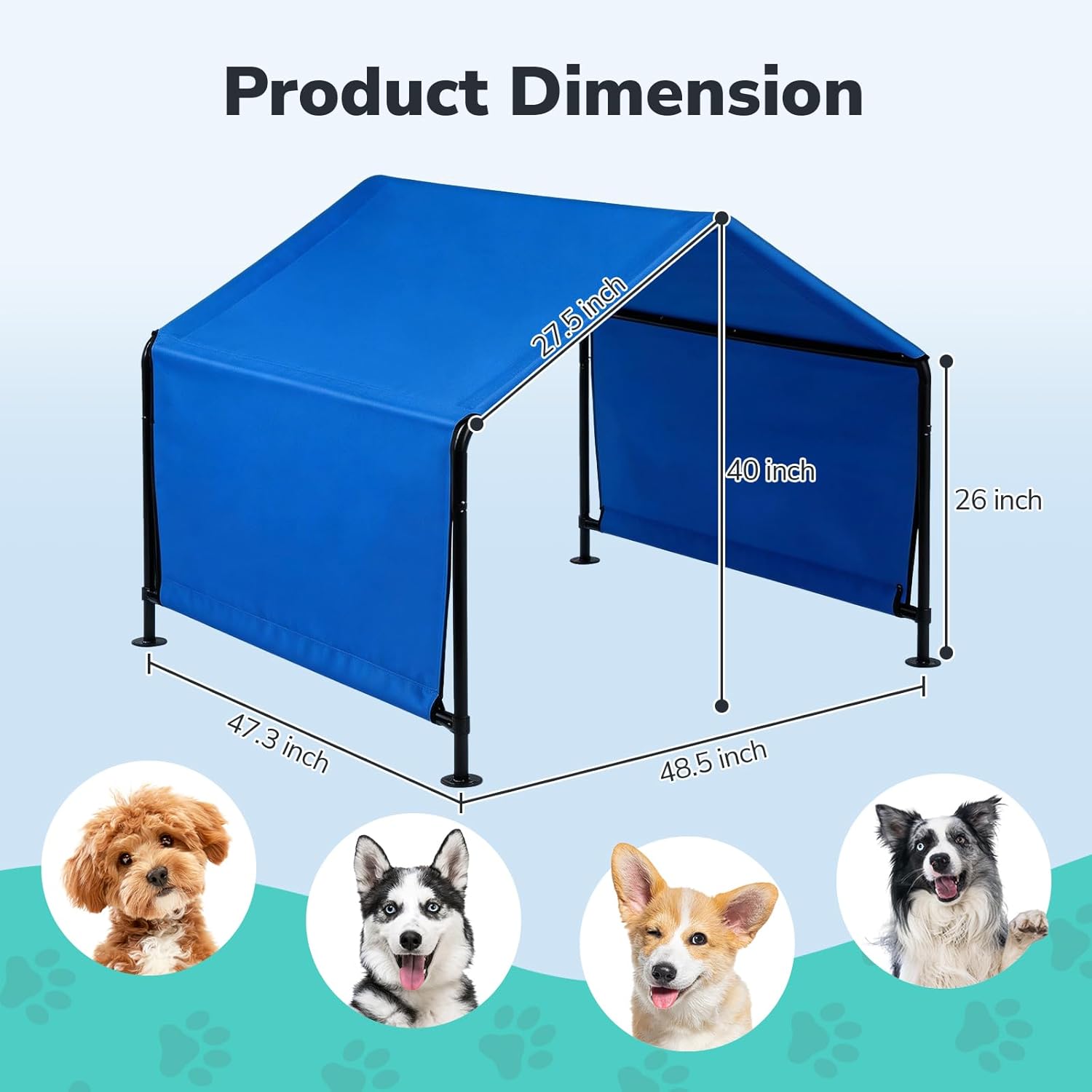 Outvita Dog Shade, 4'x4'x3.3' Dog Tent Outdoor Dog Shelter for Outside Large Dogs, Sun Rain Snow Canopy for Big Animal with Waterproof Cover, Ground Stake (Blue)