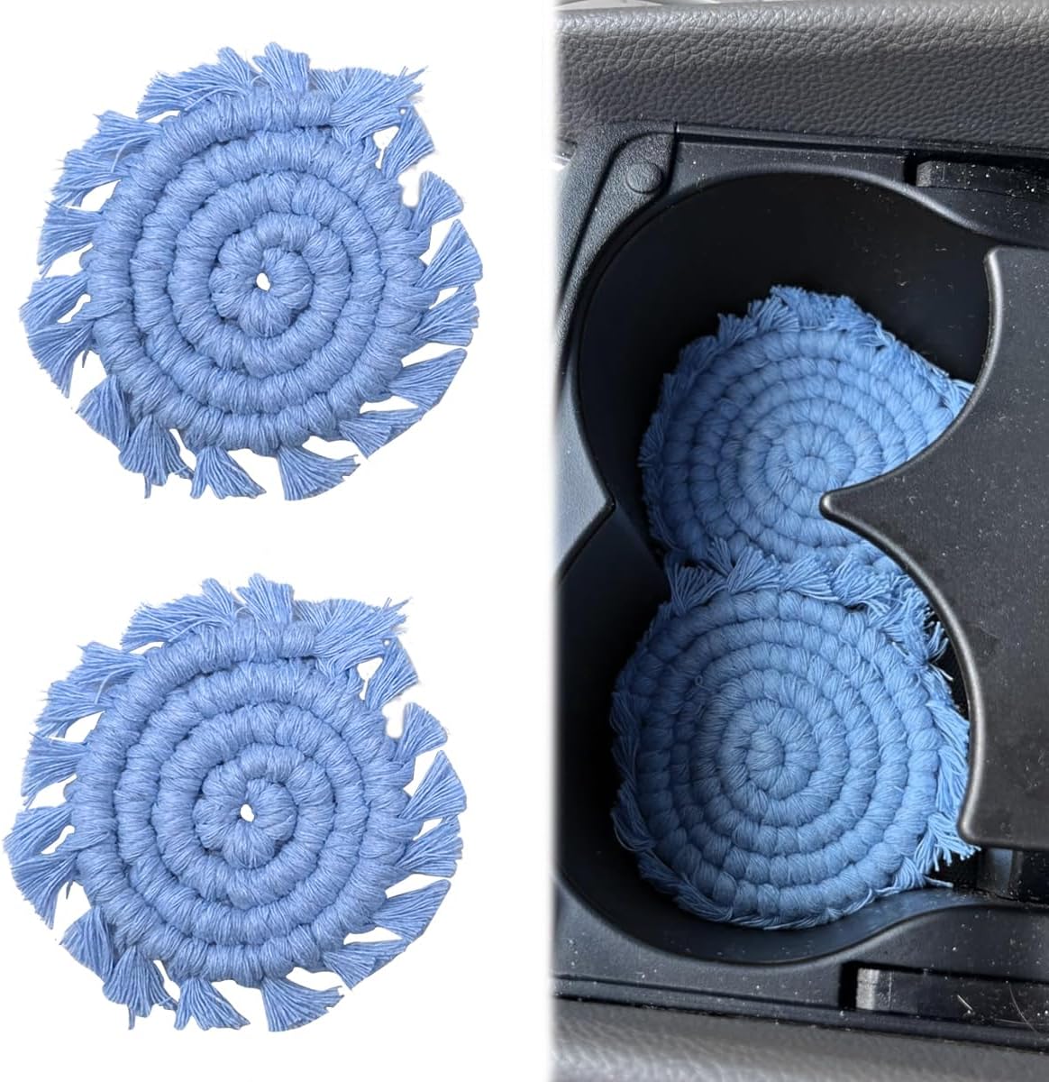 2PCS Boho Car Cup Holder Coasters, 3.14" Cotton Handmade Woven Automotive Insert Mat, Cute Vehicle Interior Anti-Slip Drink Pad Decoration Accessories for SUV Sedan Truck(Blue)