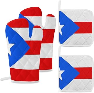 Cute Oven Mitts and Pot Holders 4 Sets, Puerto Rico Flag Reusable Double Thickened Oven Glovess and Pot Pads for Kitchen and Outdoor Grilling