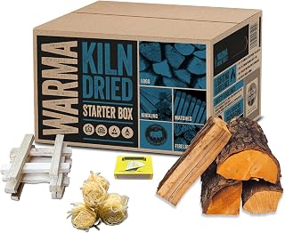 Warma Kiln Dried Starter Box Hardwood Firewood Logs Kindling Eco Wood Wool Firelighters & Matches - Ready to Burn & Easy to Use - Suitable for Stove Chimenea Pizza Oven Holiday & Camping Weekends