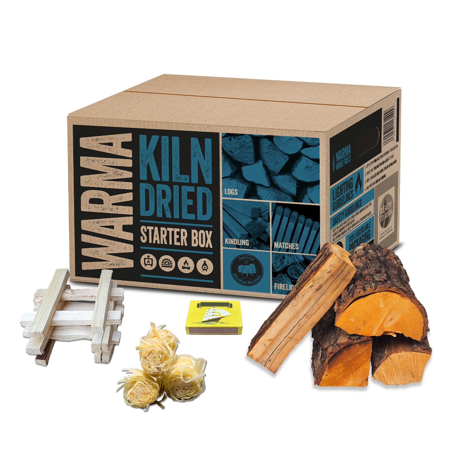 Warma Beige Kiln Dried Starter Box Hardwood Firewood Logs Kindling Eco Wood Wool Firelighters & Matches - Ready To Burn & Easy To Use - Suitable For Stove Chimenea Pizza Oven Holiday & Camping Weekends
