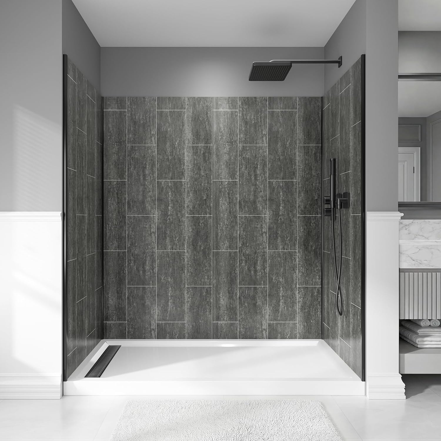 78" × 60" × 36" Shower Wall Panels Kit – 4-Piece SPC Interlocking Shower Tiles (2 Back + 2 Side) Gray Tile Pattern, Waterproof Shower Surround Panels for Walk-in Stall & RV