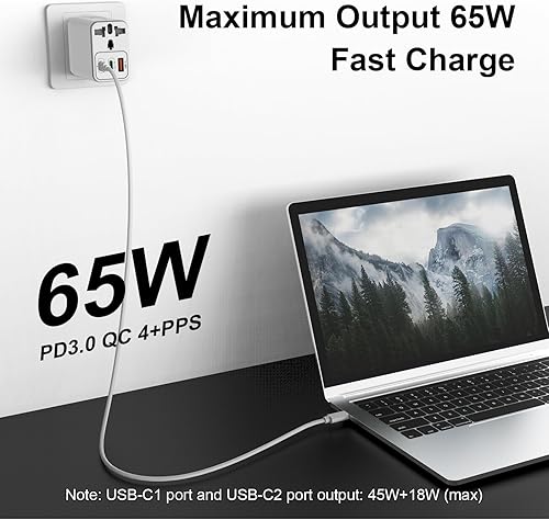 Miniatura 2 de Adaptador de viaje universal, 65 W GaN Adaptador de enchufe internacional AC 100-250V Worldwide Travel Essentials Adaptador de corriente USB C con 2