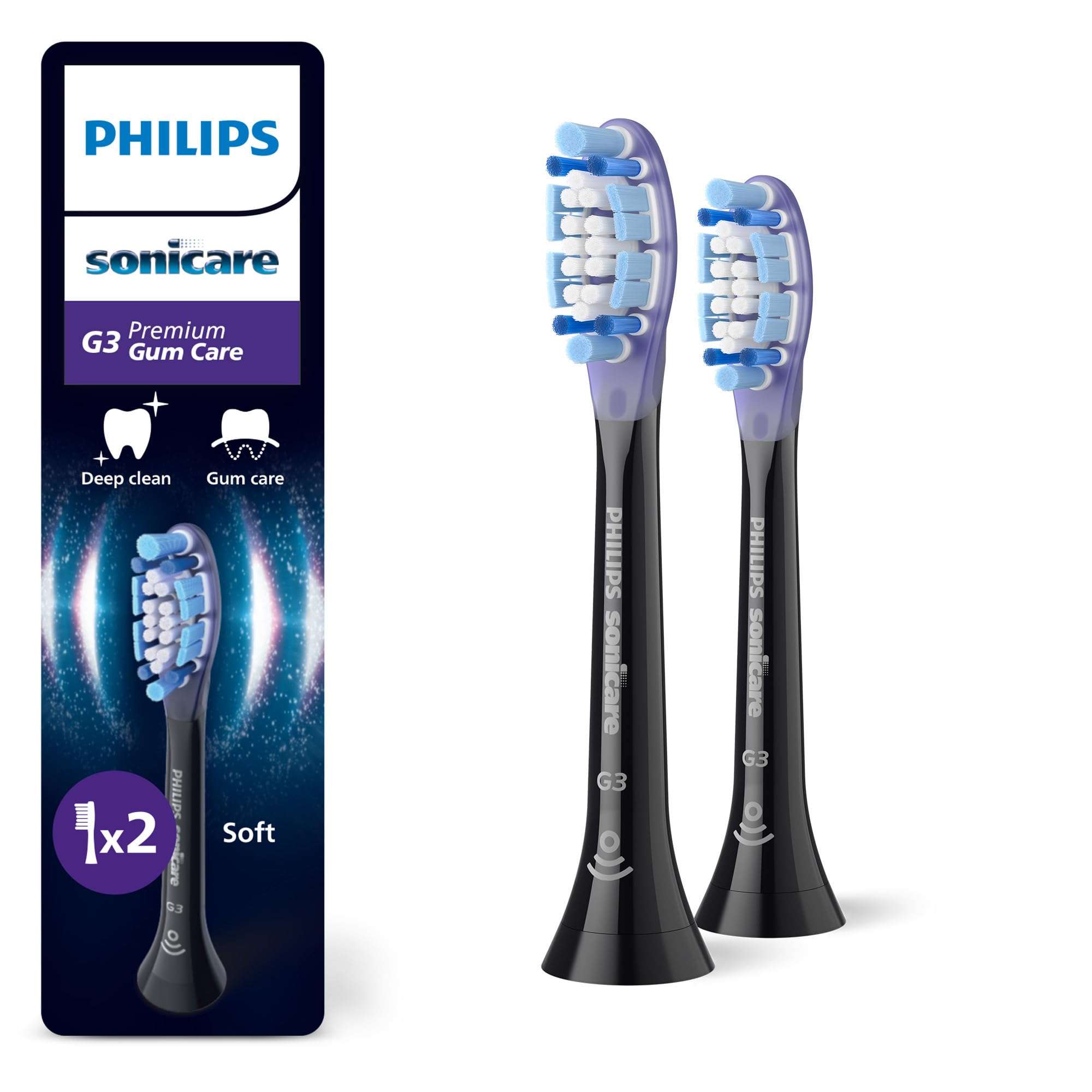 Philips Sonicare G3 Premium Gum Care, Genuine Replacement Toothbrush Heads, Black, 2 Pack, HX9052/88