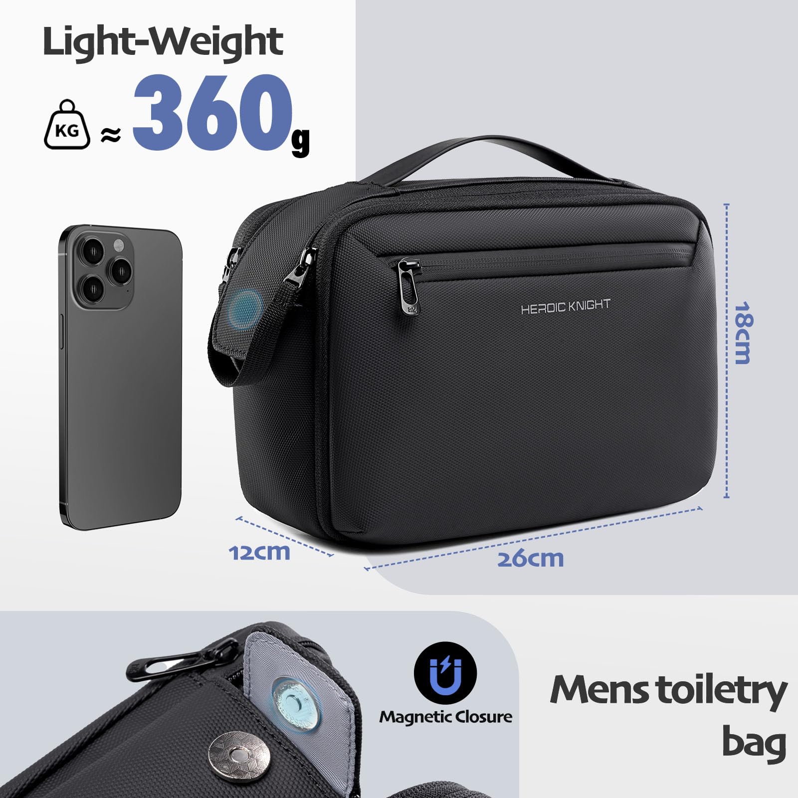 Neceser Hombre Viaje Impermeable, Bolsa de Aseo Grande con Apertura 180° Neceser Colgante con Compartimento Húmedo Separado, Organizador de Artículos de Tocador 1800D Oxford para Viaje Negocios-Negro