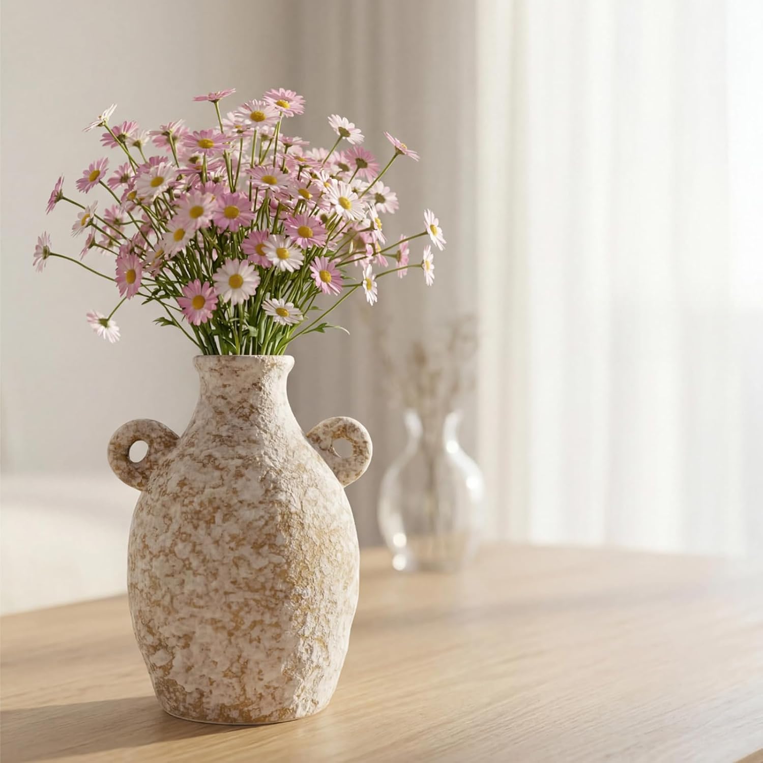 Modern Farmhouse Ceramic Vase Set of 3, Snowflake Glaze Textured Rustic Flower Vase for Table Centerpieces, Shelf, Living Room Kitchen Home Decor