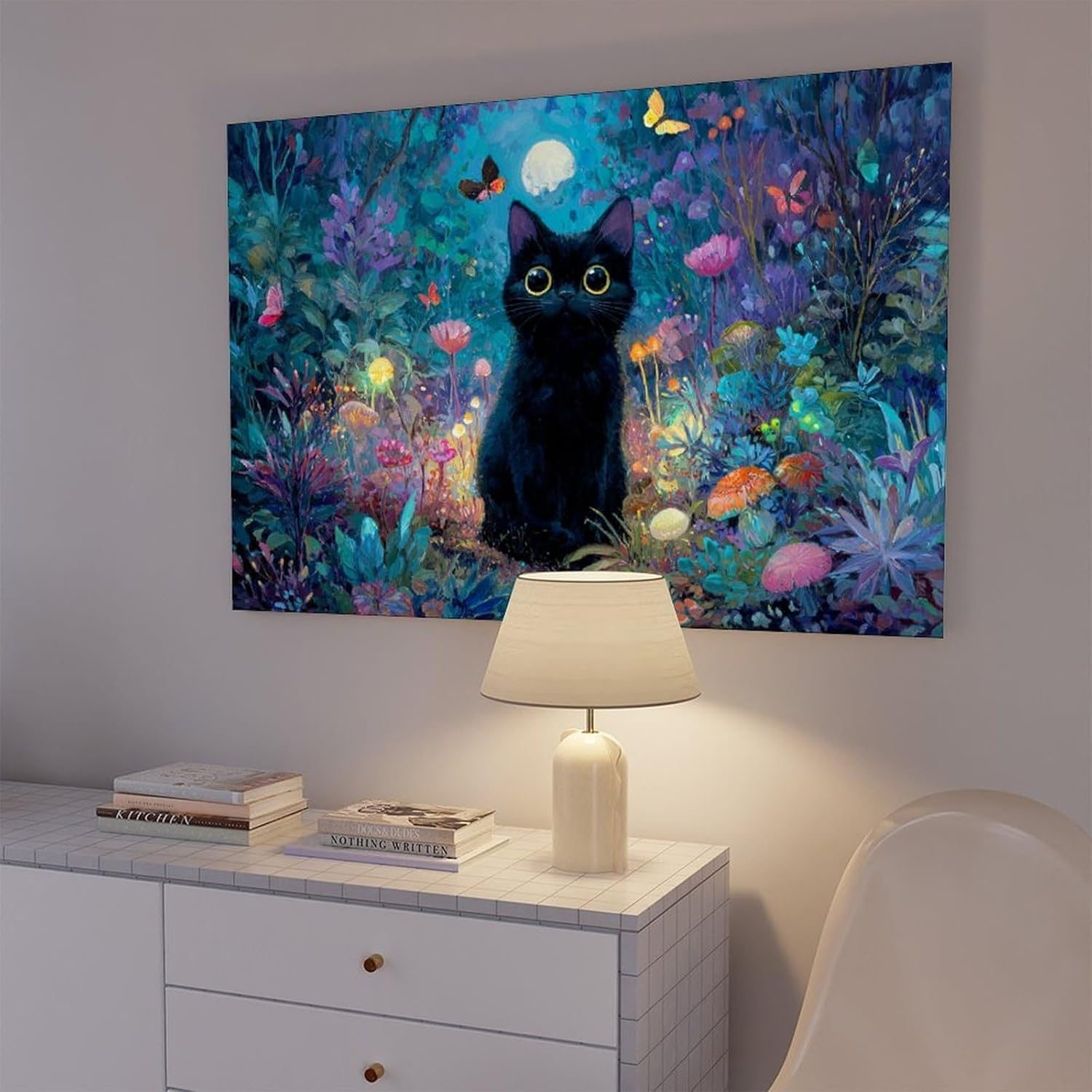 UZWGG 1pcs Framed Wall Art Cute Black Cat Canvas Painting Flowers and Plants Garden HD Printing Artwork Butterfly Mushroom Children's Room Dormitory Decor Wrapped Canvas 12x18inch(30x45cm)