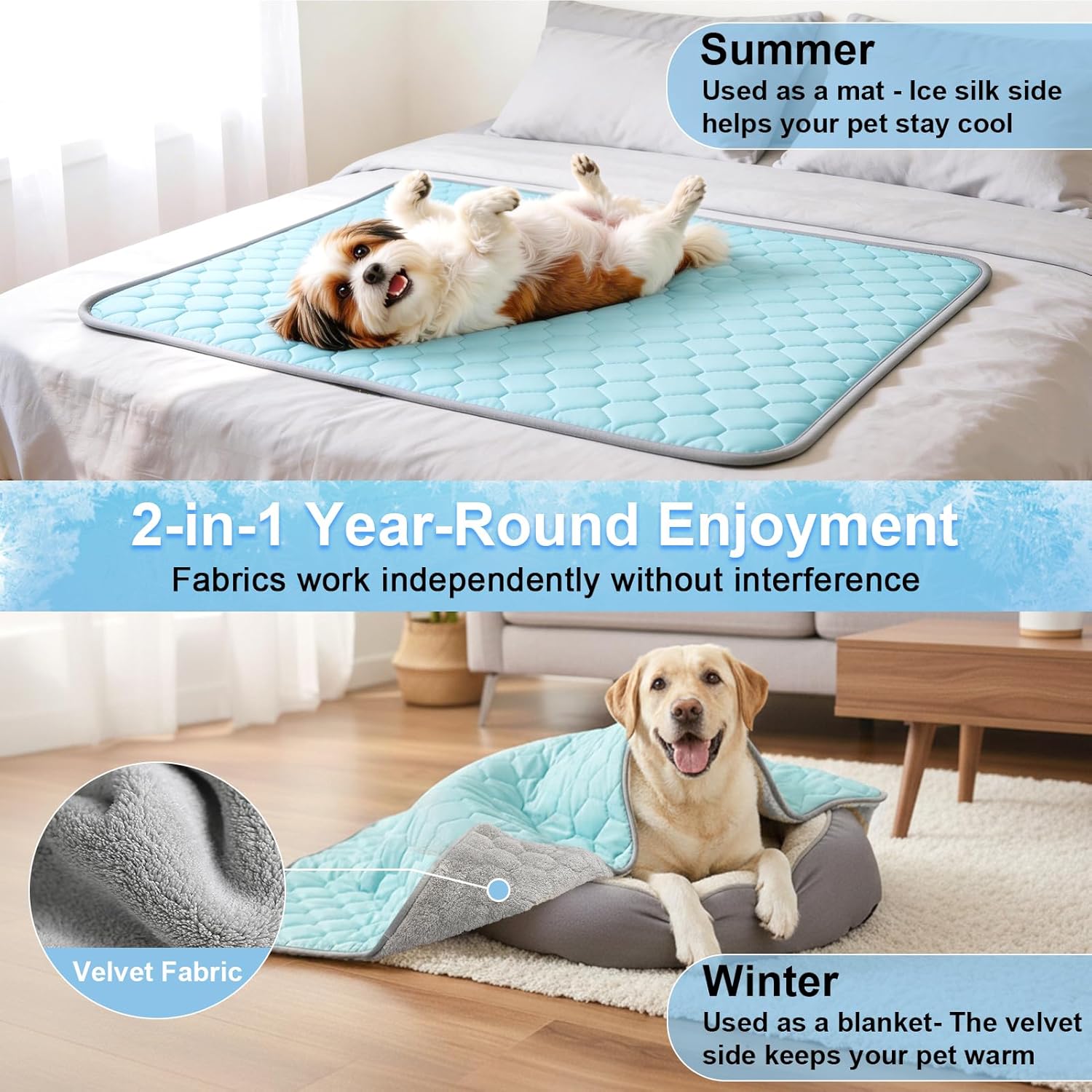 Vivifying Cooling Blanket for Dogs, Reversible Ice Silk Dog Cooling Mat with Soft Plush Backing, Summer Pet Blanket Throw for Couch Bed Crate Floor Travel, 40 x 60 Inch (Blue&Grey)