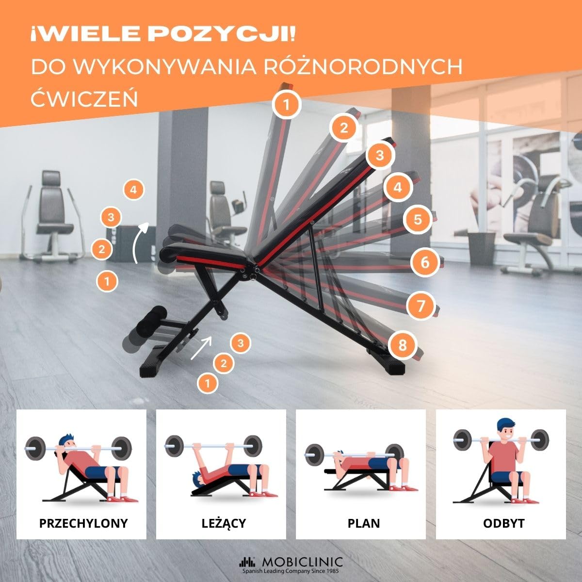 Mobiclinic® fitness, Ławka treningowa, Składana, Udźwig 200 kg, Regulowane siedzisko i oparcie, Flexfit, Wielofunkcyjna, Trening całego ciał, Mocna stabilna, Domowa łownia
