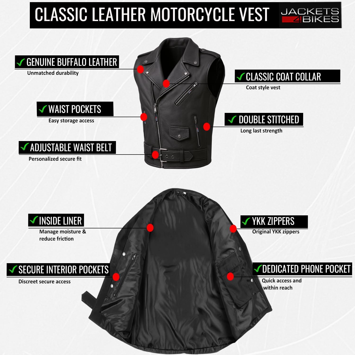Jackets 4 Bikes Men's Classic Buffalo Leather Motorcycle Biker Vest | Vintage Cruiser Vest for Men, | Stylish Street Club Riding Black L - Image 5