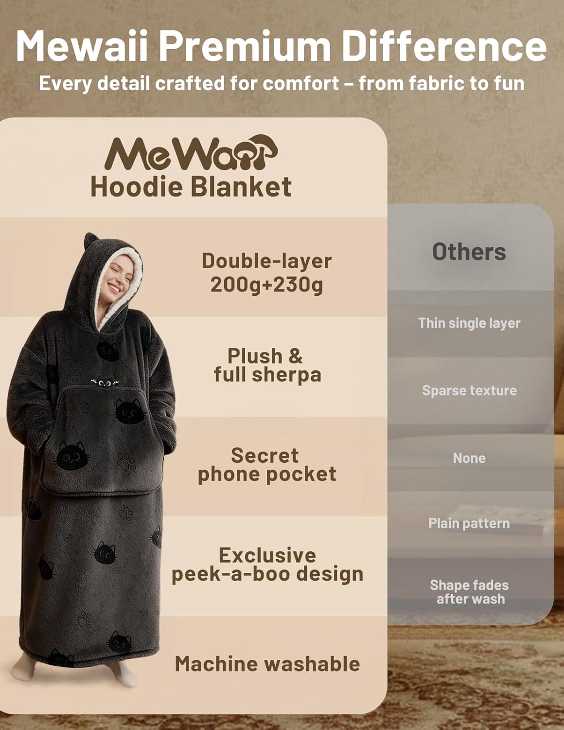 Mewaii Wearable Blanket Hoodie for Adults, Warm Sherpa & Soft Flannel Long Sweatshirt with Giant Pocket, Cozy Gifts for Women - Image 7
