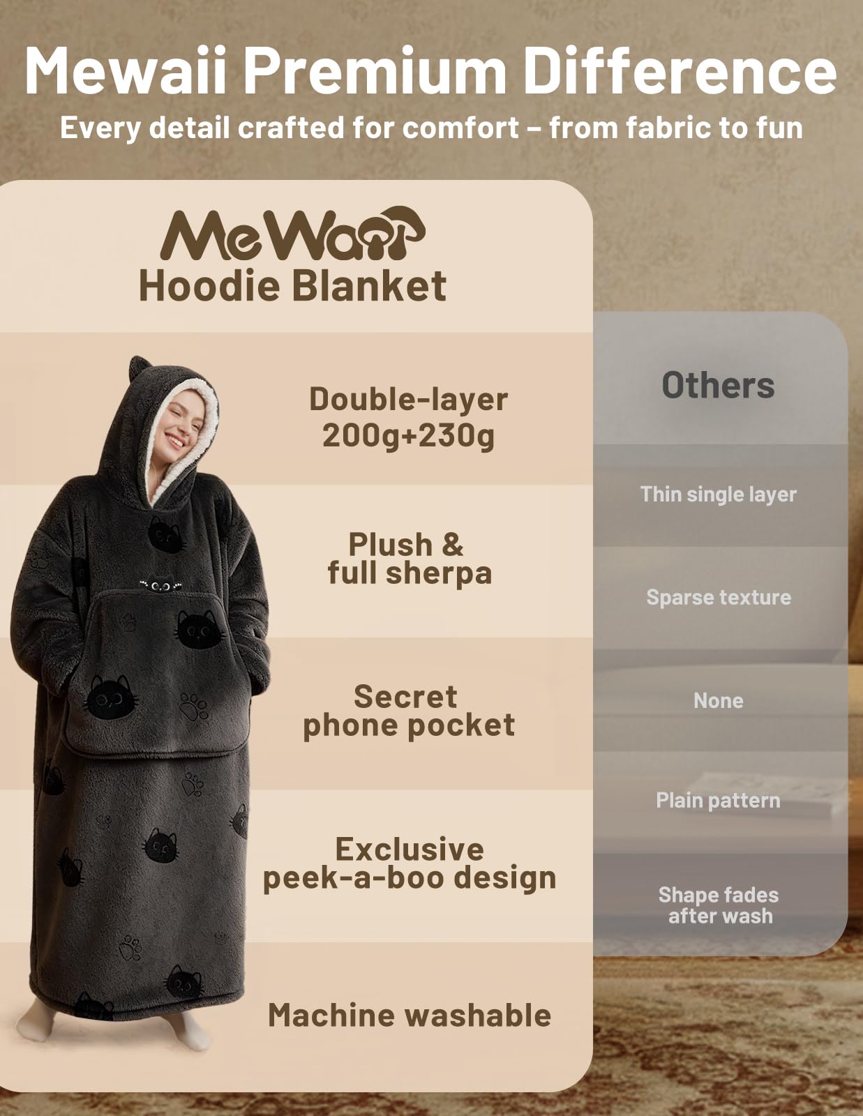 Mewaii Couverture à Capuche, Grande Poche, Lavable | Longueur Chevilles, Poche Téléphone Cachée, Lavable, Cadeau Douillet pour Femmes