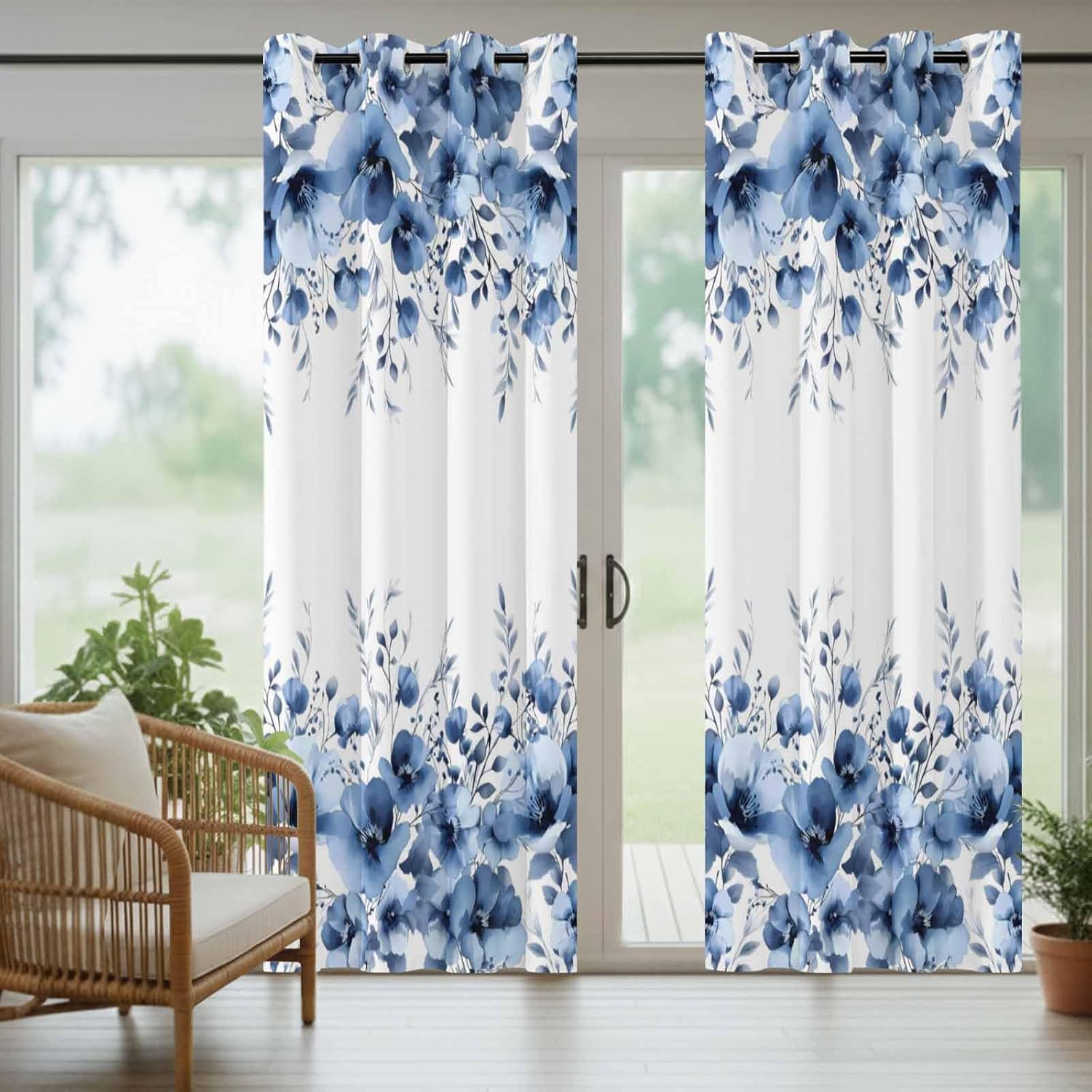 Blue Blooms Floral Outdoor Curtains for Patio Waterproof, Grommet Outdoor Privacy Panels, Farmhouse Spring Flowers Botanical Weatherproof Outside Curtains for Porch/Cabana 54"Wx95"L, 2 Panel