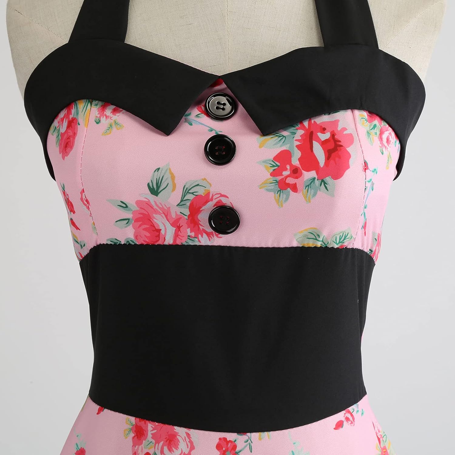 Women 50s 60s Vintage Floral Print Halter Neck Cocktail Swing Dress Buttons Backless Retro 1950s Rockabilly Audrey Hepburn Tea Party Prom Dress Spring Knee Length Wedding Evening Gown Pink Flower XL - Image 4