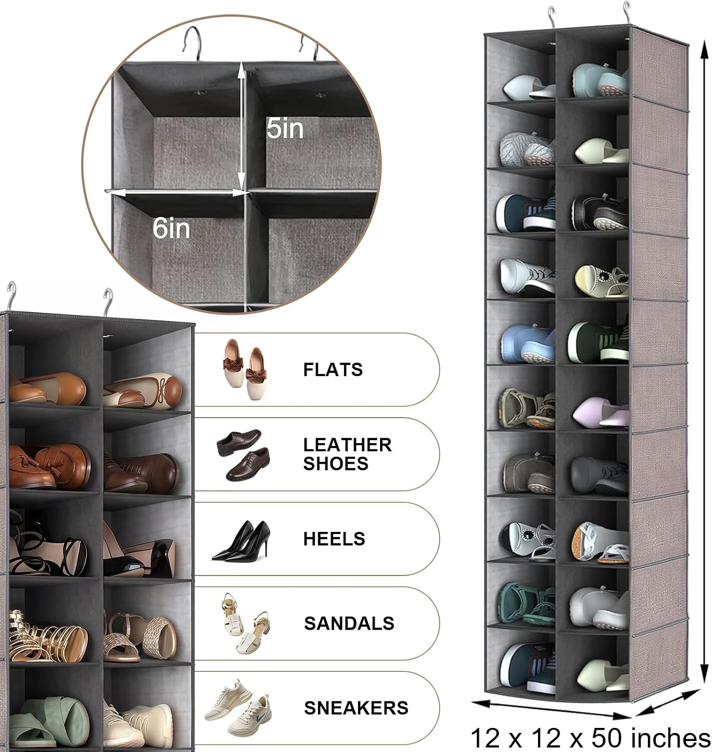 sutinban 20 Section Hanging Shoe Organizer for Closet, Grey Shoe Hanger, Space-Saving Vertical Shoe Storage Organizer, Hanging shoe Organizer & Storage Shelf for Closet, Laundry, Dorm