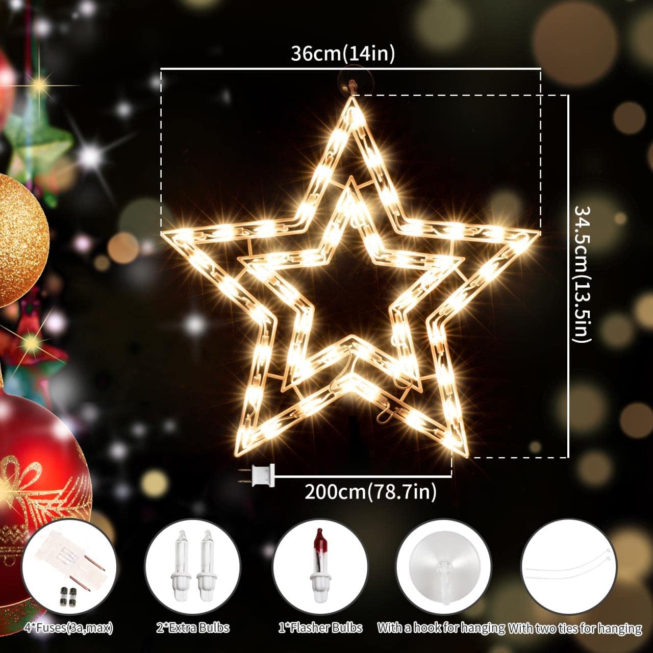 LAMPHOME 14'' 50 Lighted Star Christmas Window Silhouette Decoration Lights for Christmas,Party,Home,Patio Lawn,Garden