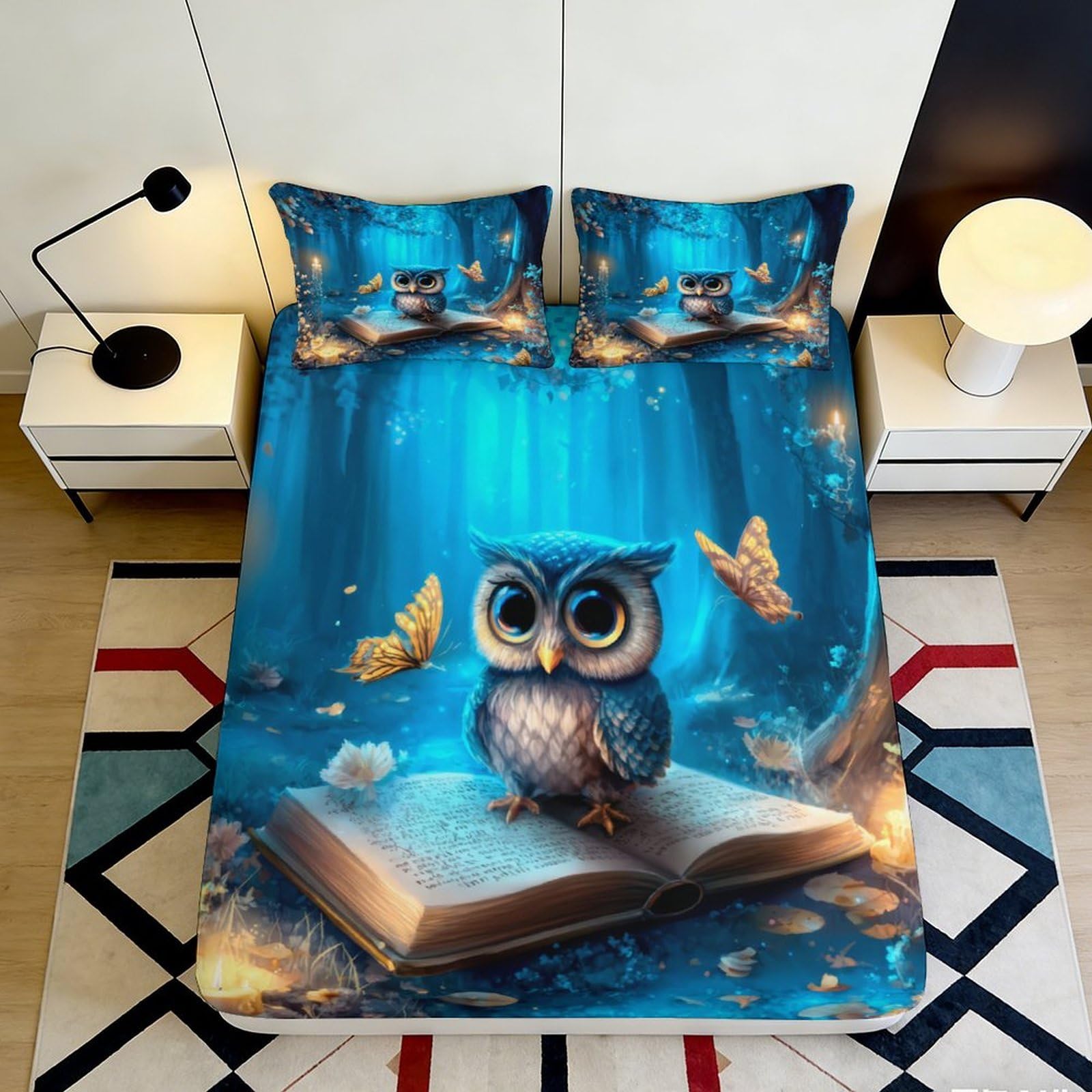 3D Printed Blue Owl Forest Fitted Sheet Microfiber Soft Mattress Cover Anti-Slip for Bedroom Dorm Decor 200x200x25cm