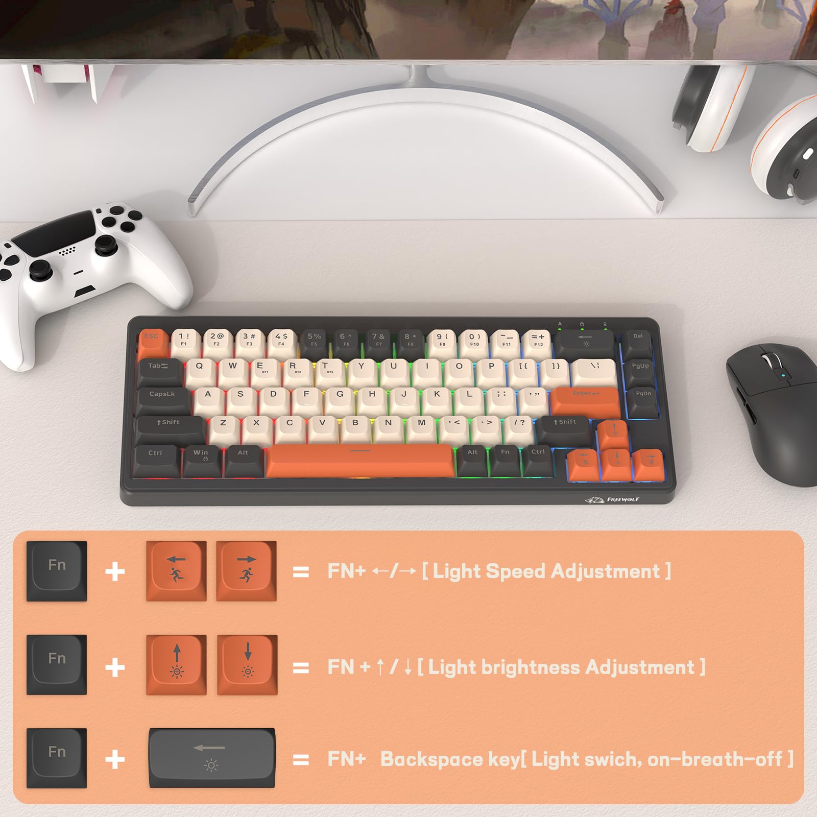 LexonElec X FREEWOLF M68 Tastiera Gaming Wireless 65%, QWERTY, BT/2.4G/Cablata, Tastiera a Membrana Silenziosa, Retroilluminazione Arcobaleno, 67 Tasti con Tasti in PBT, 2000mAh, Portatile - Grigia