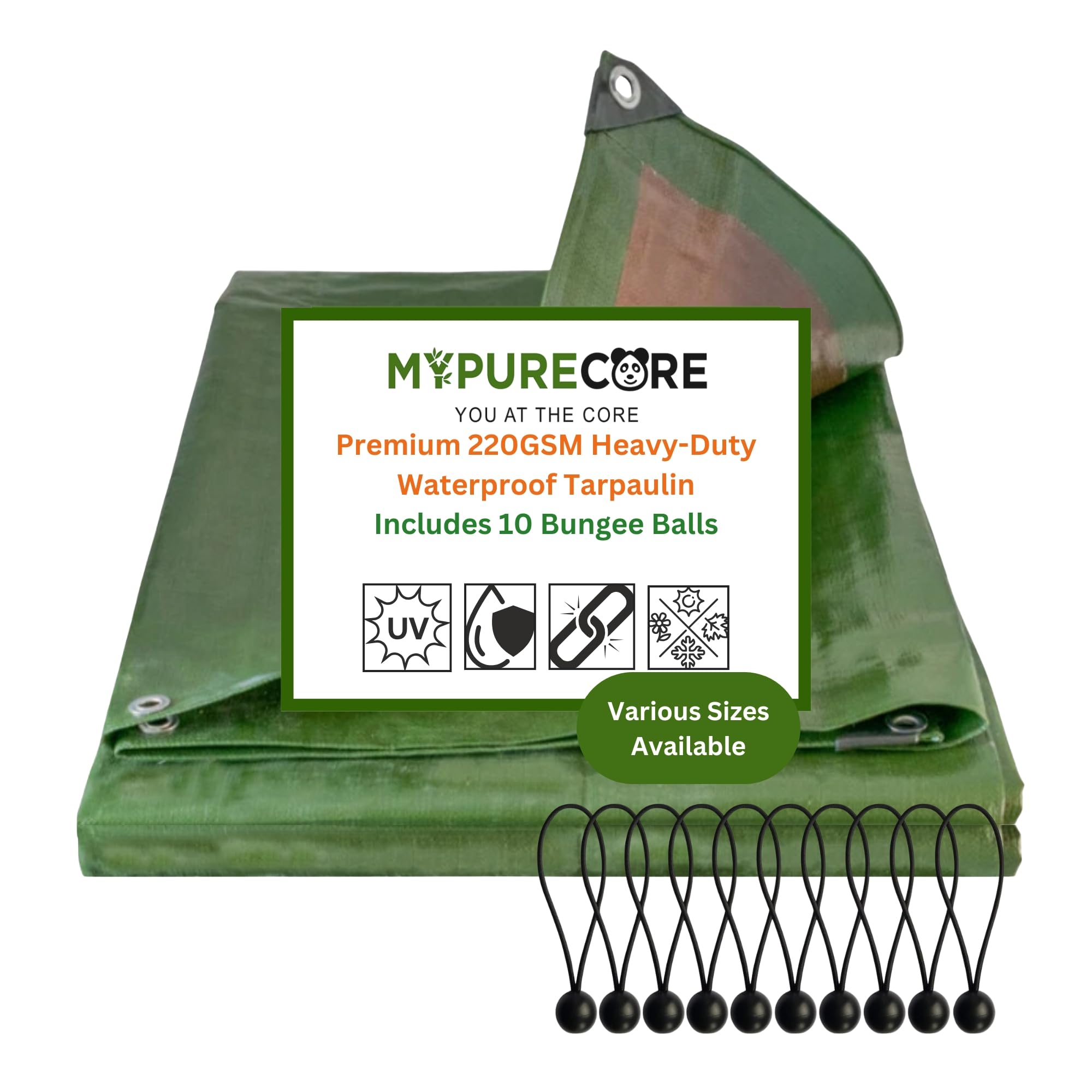 MYPURECORE Heavy-Duty Waterproof Tarpaulin 220 GSM with 10 Bungee Balls – Dual-Colour Green/Brown Tarp, Reinforced Edges, Camping, Trailers, Garden, Greenhouse & Outdoor Cover (6m x 8m)