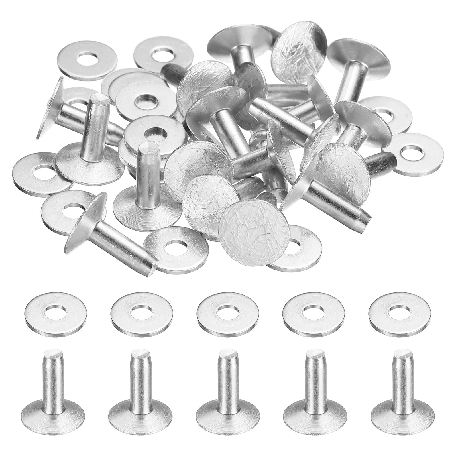 sourcing map 20Set Aluminum Rivets and Burrs Washers 12x4x12mm Dimpled Finish Aluminum Solid Leather Rivet Fastener Studs Posts for Leather DIY Craft Belts Wallets Collars, Silver
