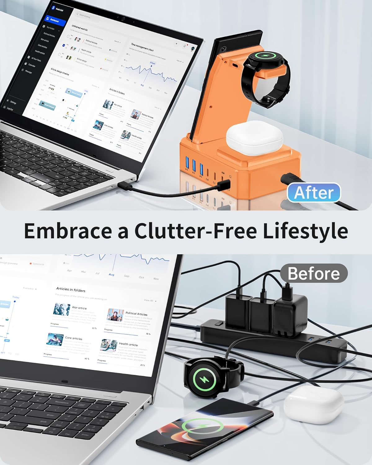 300W Wireless Charger for Samsung,Zutspzss 10 in 1 Wireless Charging Station, 65W USB C Fast Charging Stand for Samsung S25 Ultra/S24/S23/S22/Z Fold,Galaxy Watch Ultra7/6/5,Galaxy Buds,Orange