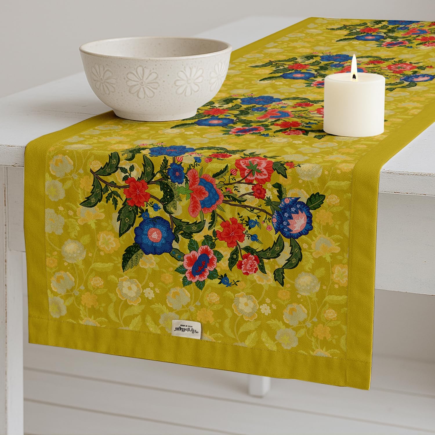100% Cotton Table Runner - Double Layered with Side Borders - Table Linen - Floral Print for Dining, Console & Coffee Tables