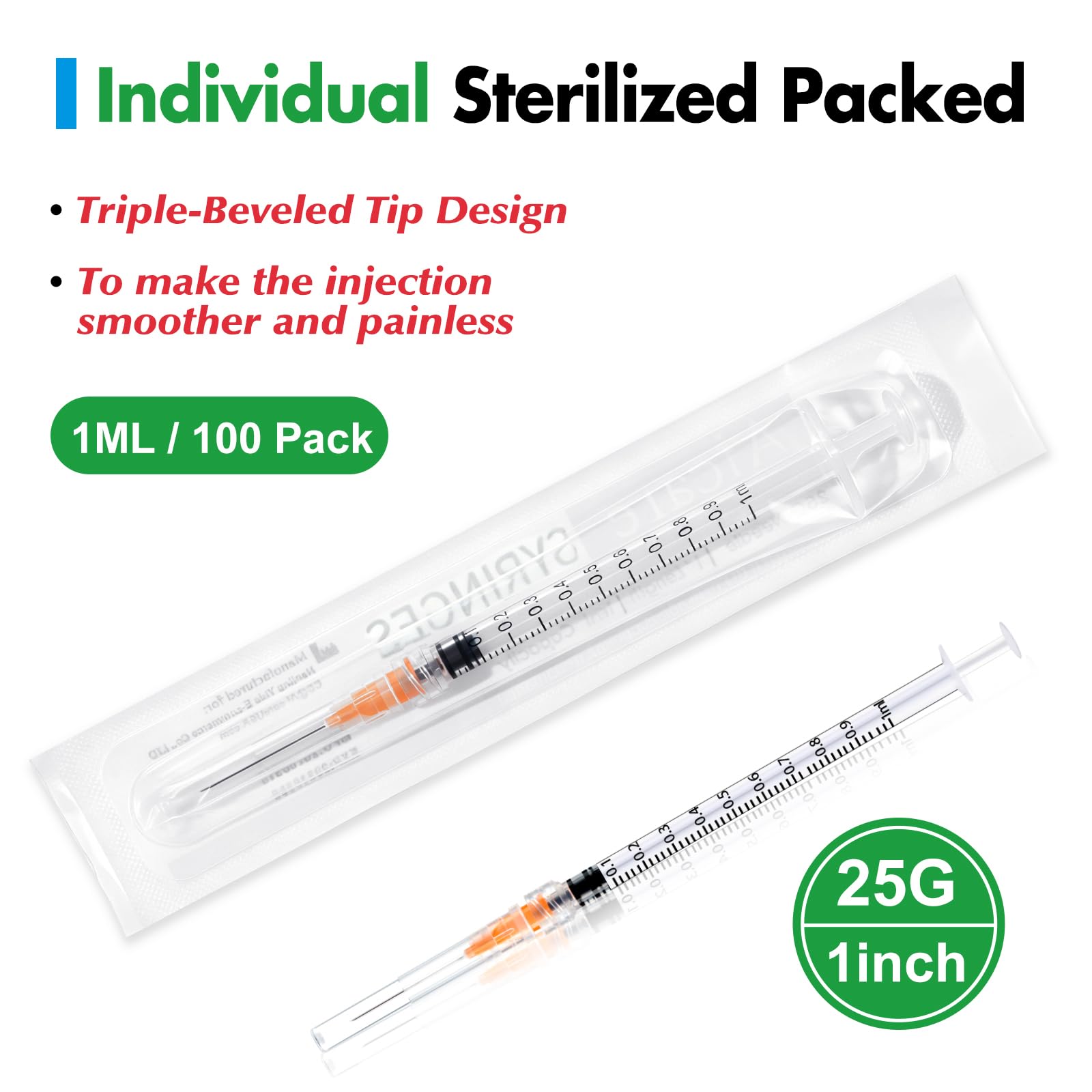 100 Pack 1ml Lab Syringes with 25Ga 1 Inch Needle Luer Lock, -5