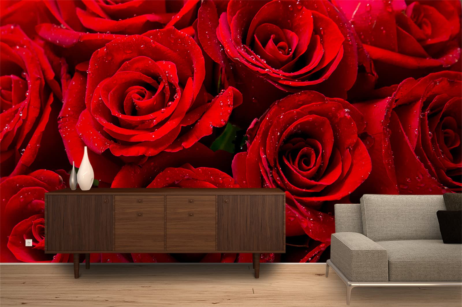 FLFK Carta da parati 3D con rose rosse e fiori, rimovibile, grande carta da parati per soggiorno, camera da letto, decorazione per la casa, 250 x 160 cm (non autoadesiva)