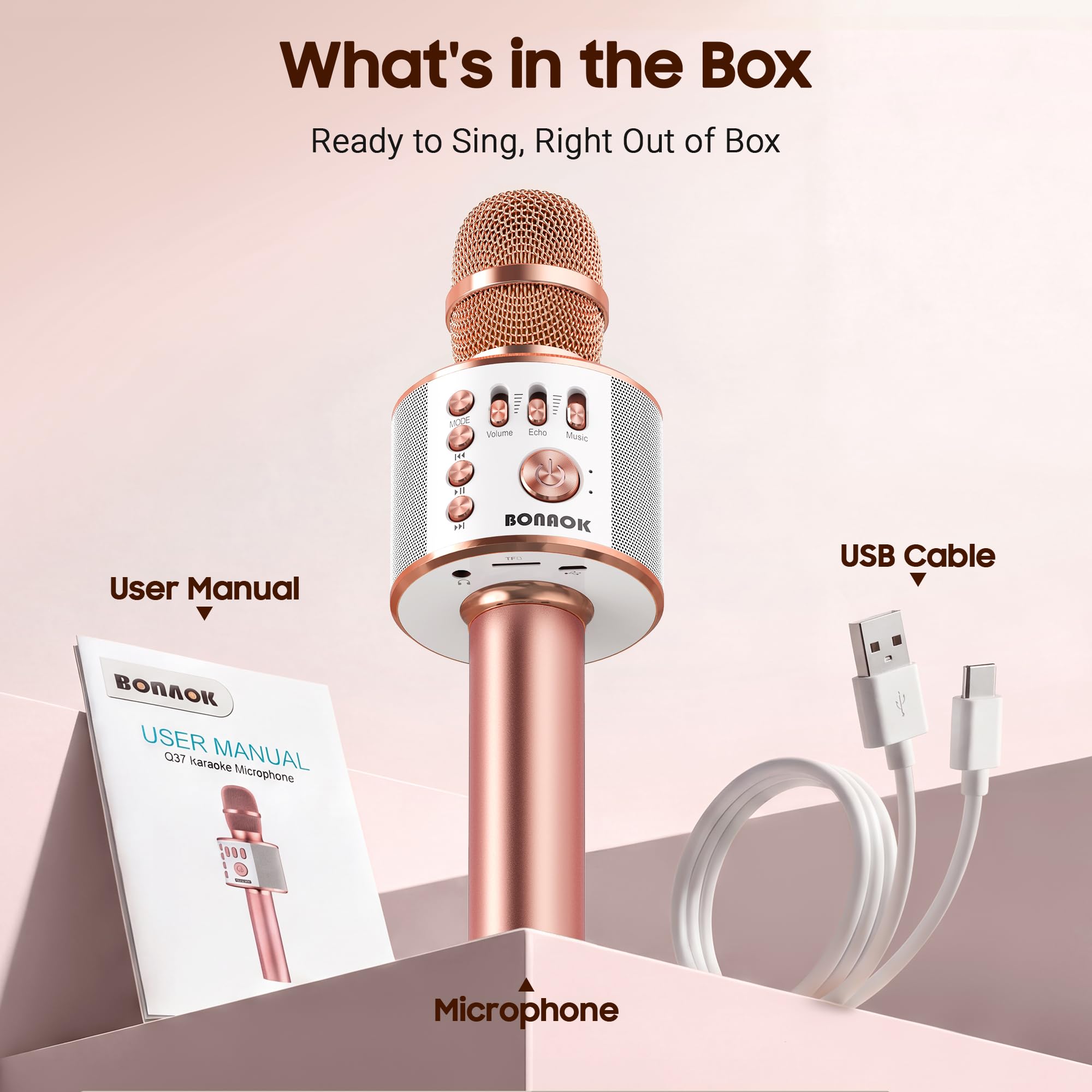 BONAOK Wireless Bluetooth Karaoke Microphone,3-in-1 Portable Handheld Karaoke Mic Speaker Machine Home Party Birthday for All Smartphones PC(Q37 Rose Gold) — Amazon image 6