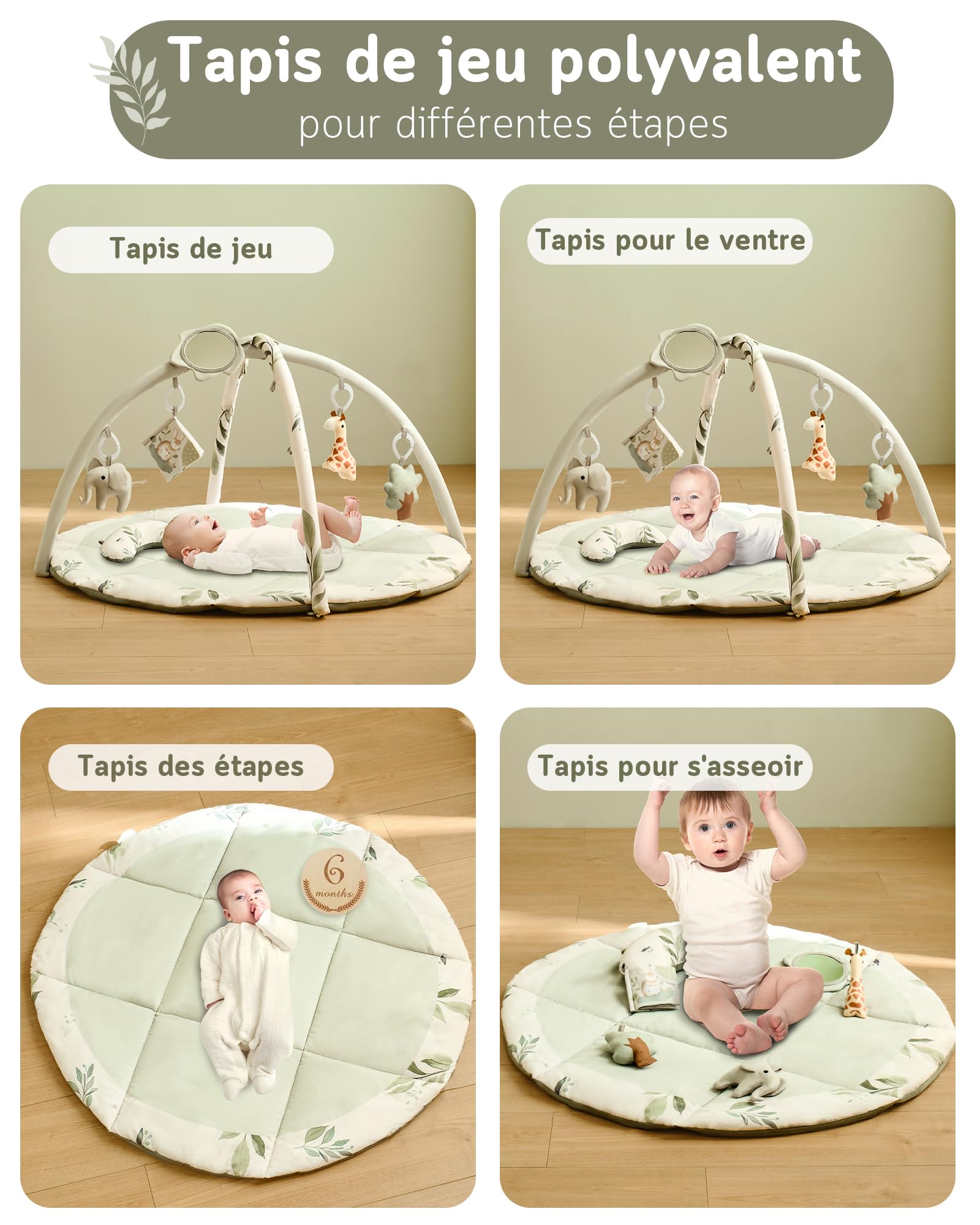 Tapis d'éveil Bébé avec Arche amovible et 5 Jouets d'activité, Thème Naturel, Fortella, Vert, pour Nouveau-né 0-12 Mois