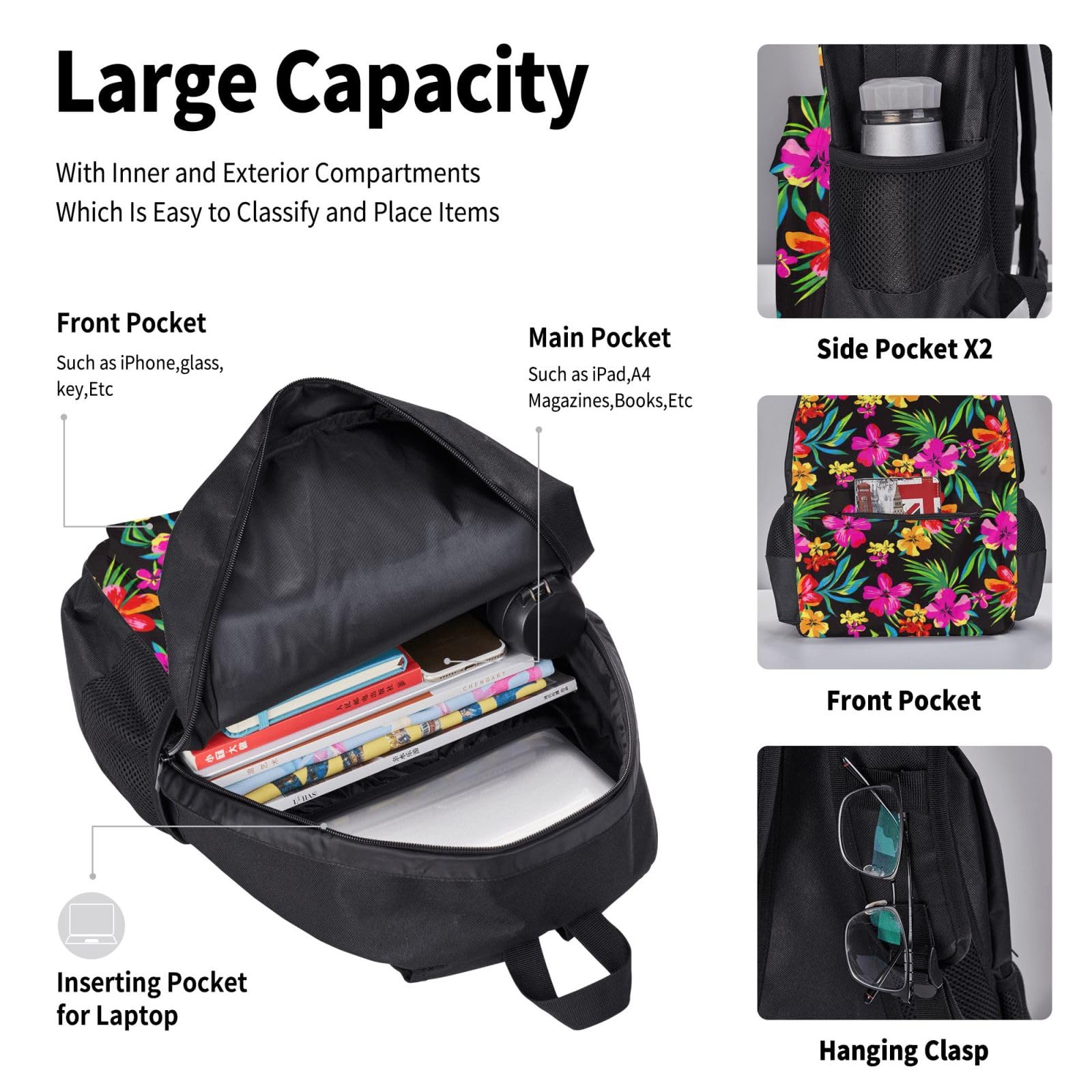 Juego de 3 mochilas escolares hawaianas con estampado de flores coloridas, mochila para laptop resistente al agua de gran capacidad con bolsa de almuerzo aislada y estuche para lápices para