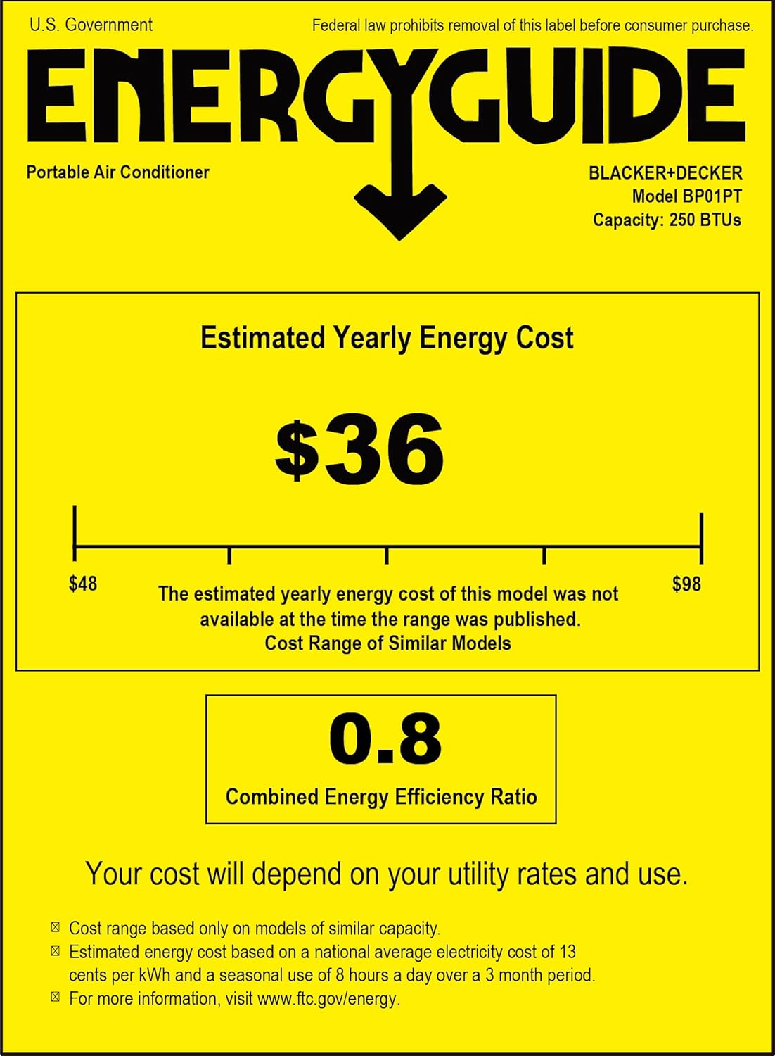 Energy Guide label for a Portable Air Conditioner, showing an estimated yearly energy cost of $36 and a combined energy efficiency ratio of 0.8.
