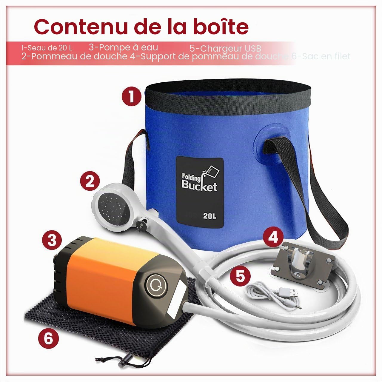 Elil Pompe de douche de camping portable avec seau pliable de 10 litres – Douche électrique rechargeable pour camping (pompe de douche + seau de 17,7 l)