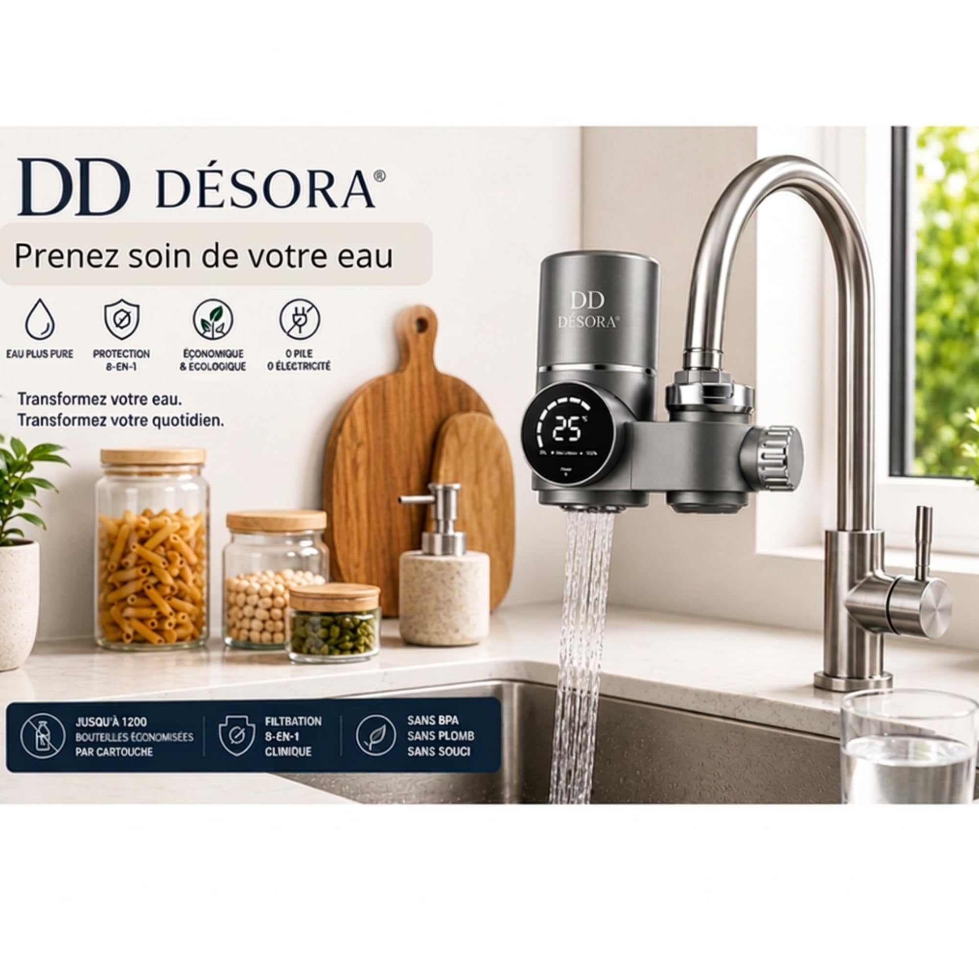 Purificateur d’Eau Robinet Écran LED – Filtre Ultrafiltration 8 Étapes, Turbine Hydroélectrique & ABS Alimentaire (Adaptateurs Universels Inclus)