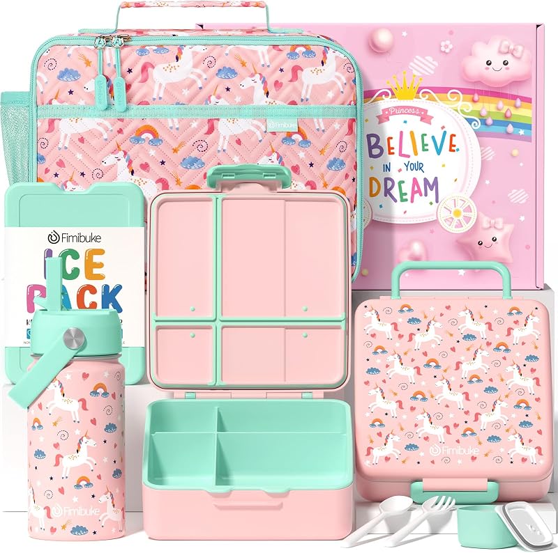 Fimibuke Kids Bento Lunch Box with Toddler Insulated Water Bottle Lunch Bag | Lunch Box Kids with 4 Compartments, Ice Pack & Utensils Set, Birthday Gifts for Ages 3-12 Back to School Toddler Girls Boys
