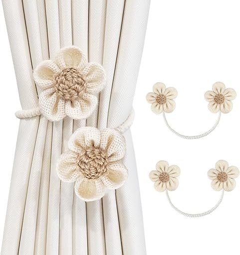 SRG Curtain Tiebacks for Curtains 2 Pack, Decorative Curtain Holdbacks for Drapes, Handmade Tie Backs No Drilling for Home Bedroom Window Decor – Sunflower Cream