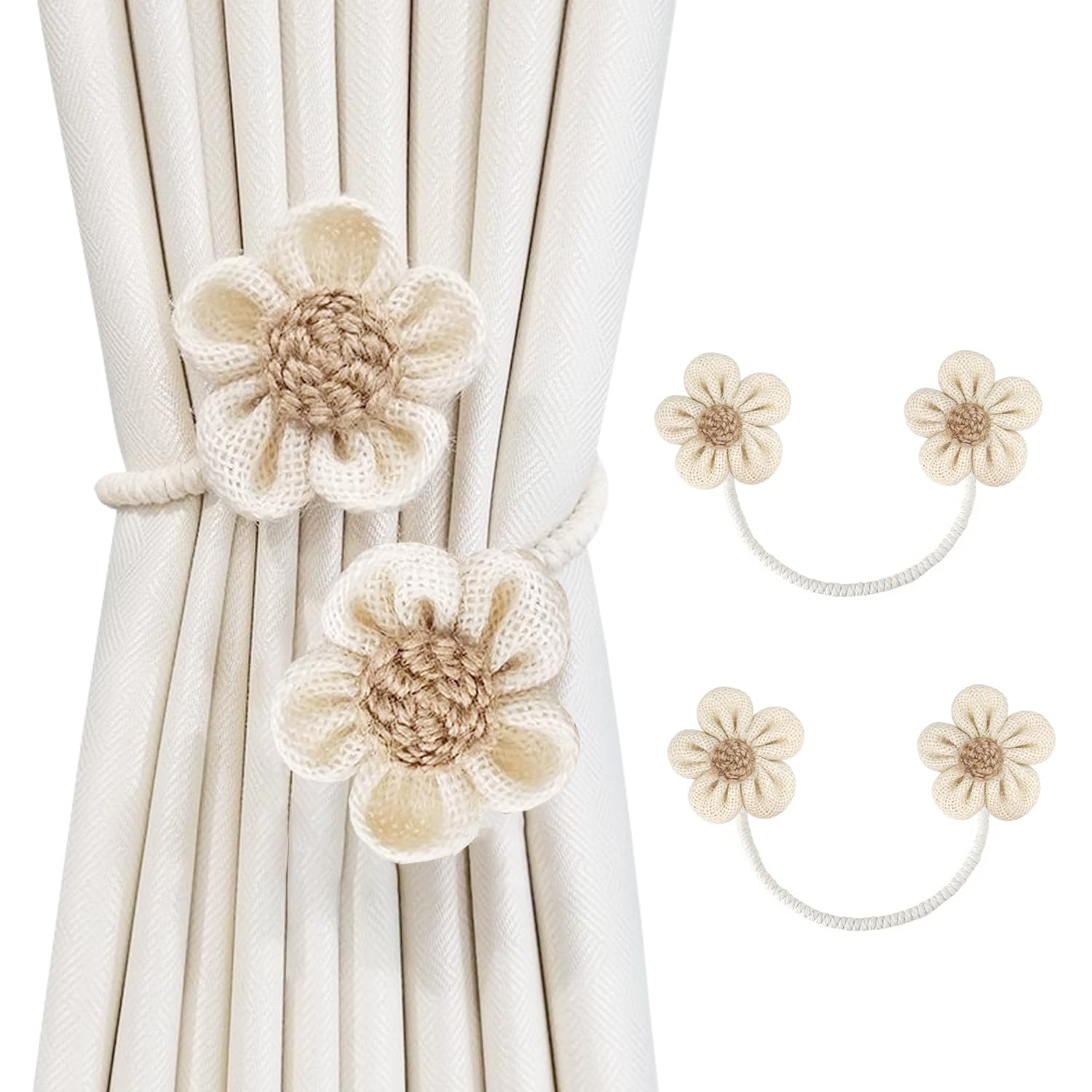 SRG Curtain Tiebacks for Curtains 2 Pack, Decorative Curtain Holdbacks for Drapes, Handmade Tie Backs No Drilling for Home Bedroom Window Decor – Sunflower Cream