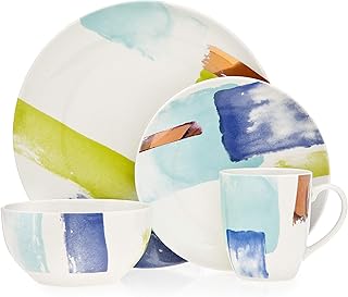 Godinger Dinnerware Set Brushstroke Design Dinner Plate, Salad Plate, Soup Bowl and Mug - Service for 4