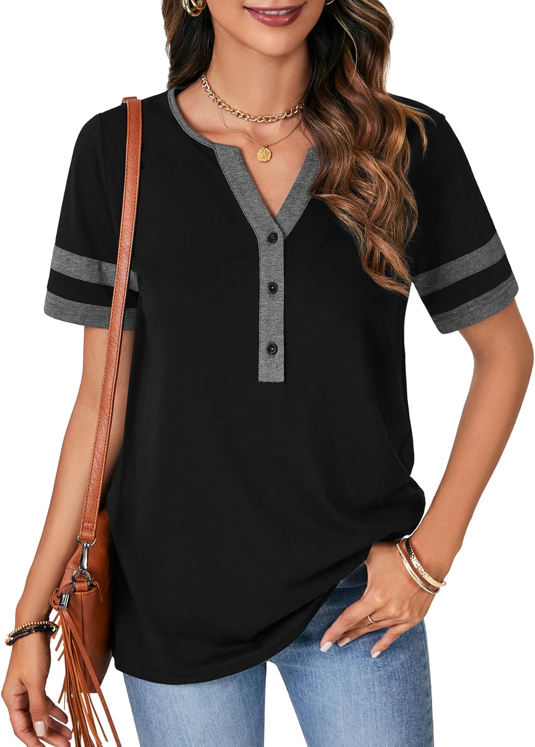Vrtige Women's Color Block V Neck Short Sleeve Shirts Casual Buttons Tunic T-Shirt Tops