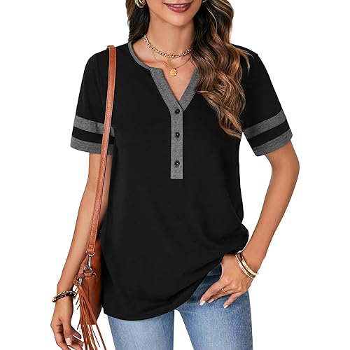 Vrtige Women's Color Block V Neck Short Sleeve Shirts Casual Buttons Tunic T-Shirt Tops