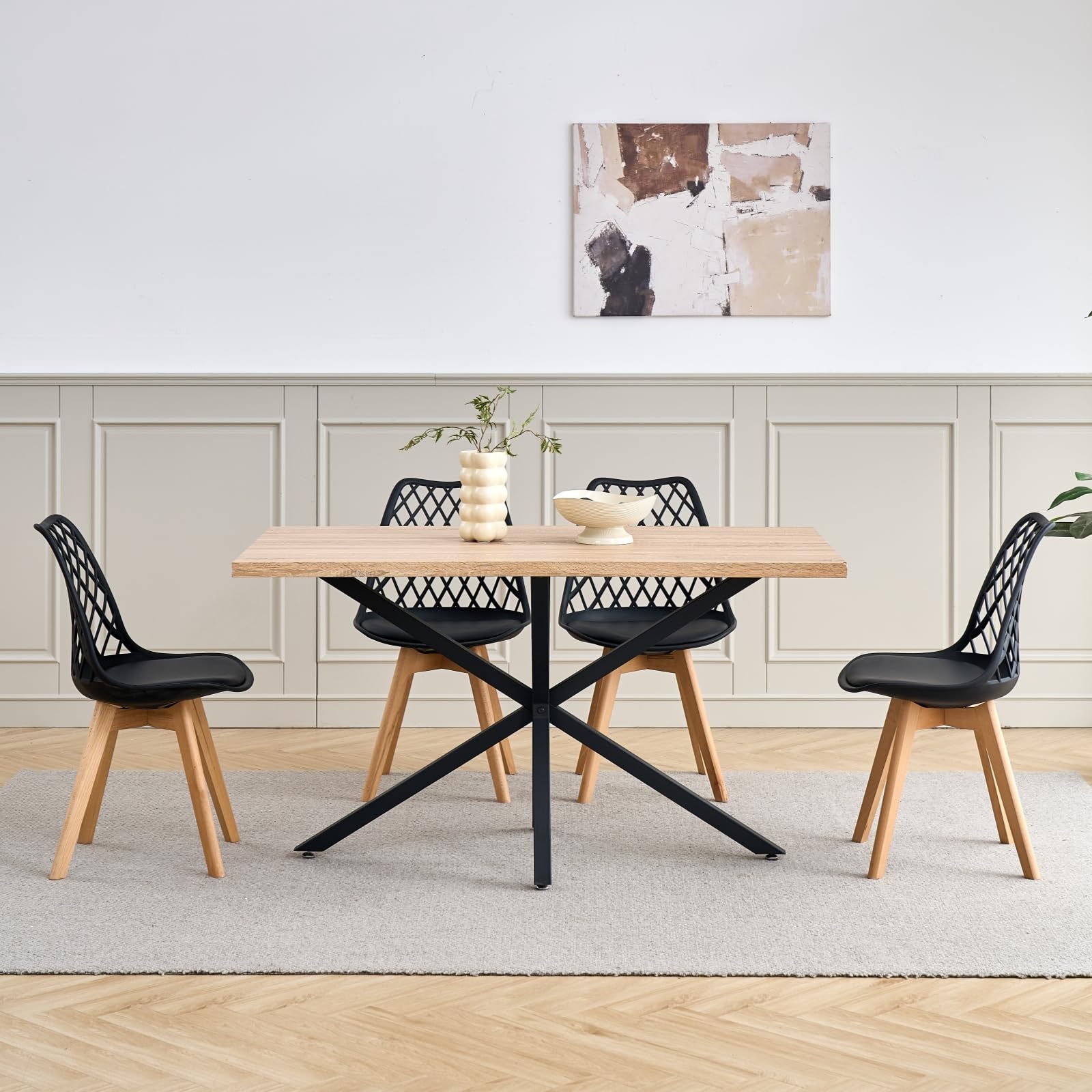 Set Tavolo e Sedie da Pranzo Moderno - 4 Sedie da Pranzo (Nero) + Tavolo da Pranzo in MDF con Gambe in Metallo (Tavolo: 140x80x75 cm)