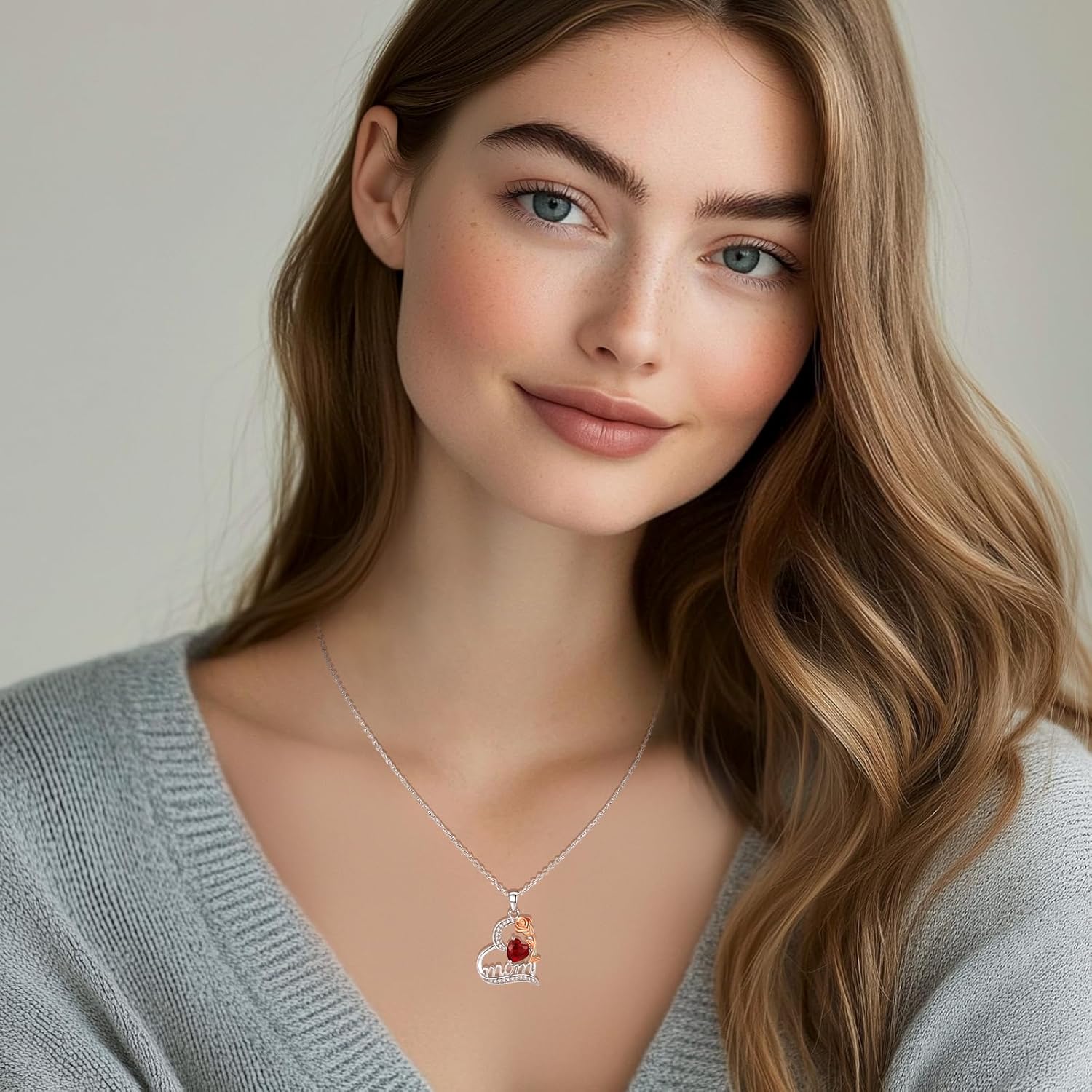 FANCIME Mom Birthstone Necklace for Women Rose Heart Necklace I Love You Mom Gifts Mother's Day Gifts Jewelry for Grandmother Women Wife, 16"+2" Inches - Image 4